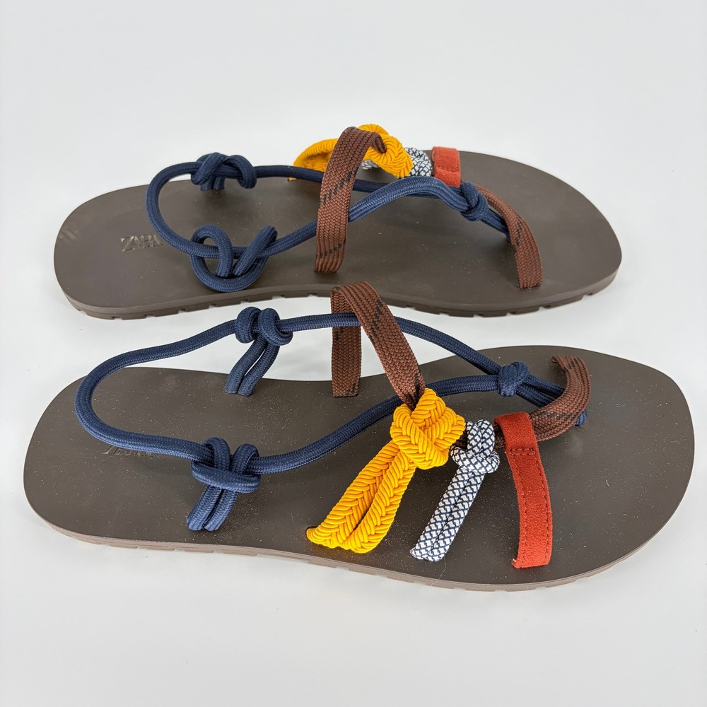 Zara Womens Multi Color Rope Knot Flat Sandals Brown Slingback Size 38 US 7.5 - Picture 3 of 8